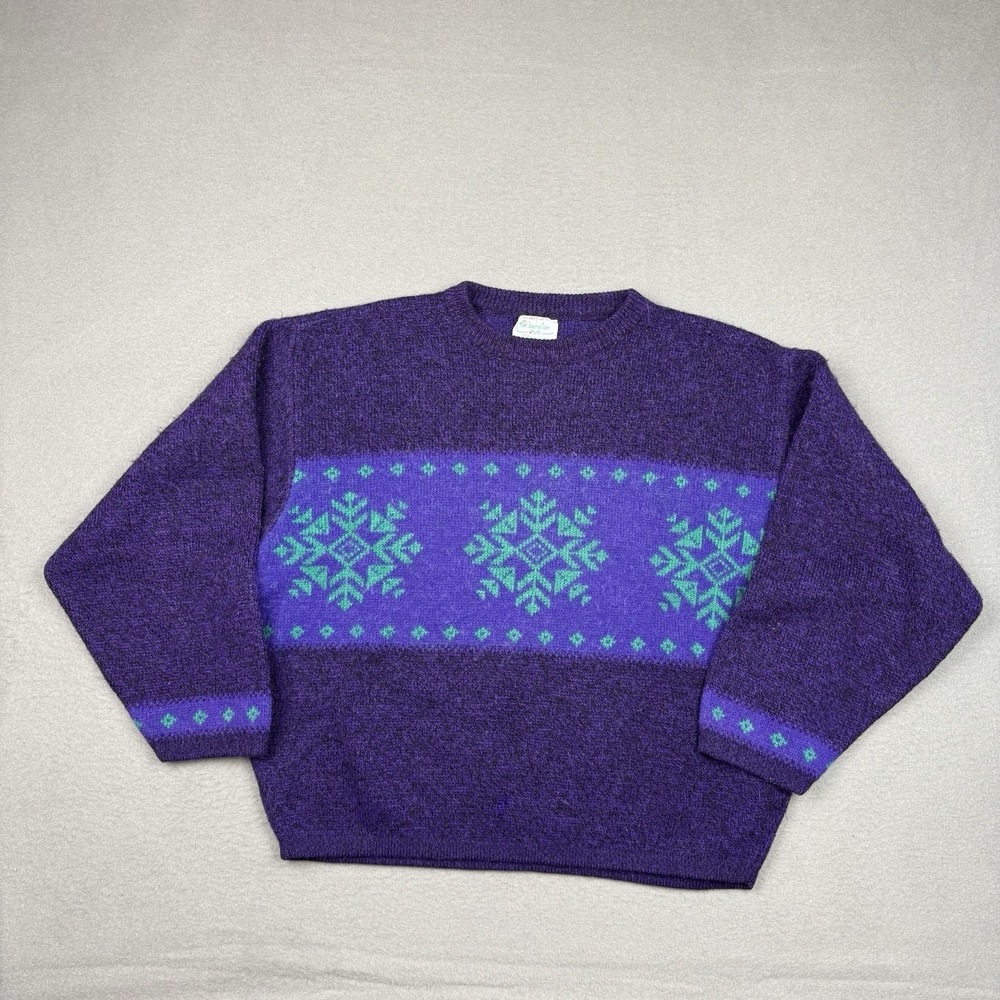 Vintage Benetton Sweater‎ Mens 52 Large Purple Blue Snow Colorful Acrylic Wool